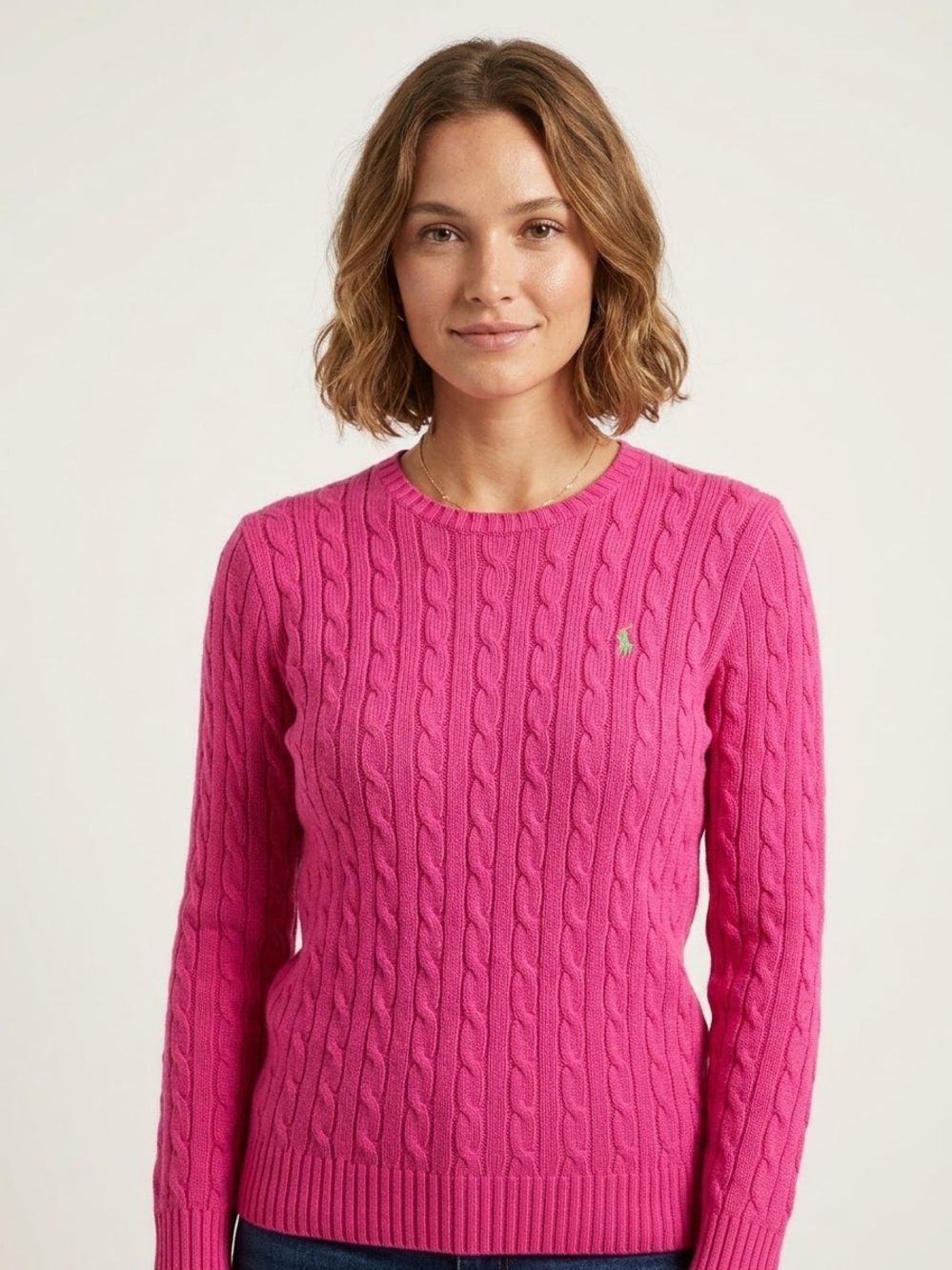 Ralph Lauren Sport Women's Hot Pink 100% Cotton Cable Knit Crewneck Sweater